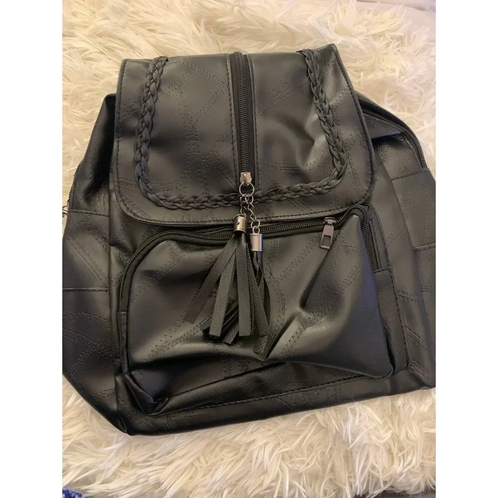 Vegan PU Leather Black Backpack Travel Bag